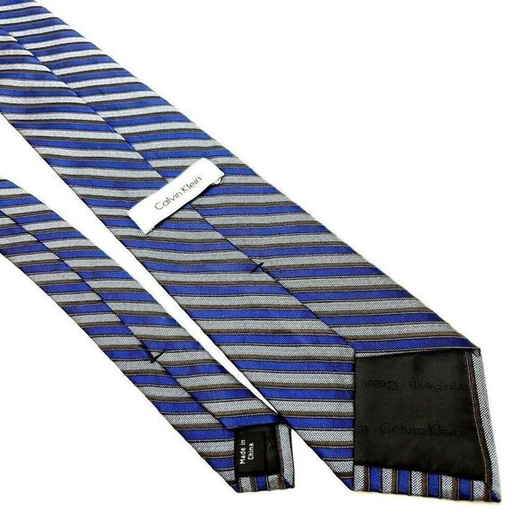 Calvin Klein‎ Silk Tie Print Gray Blue Striped - Picture 5 of 6